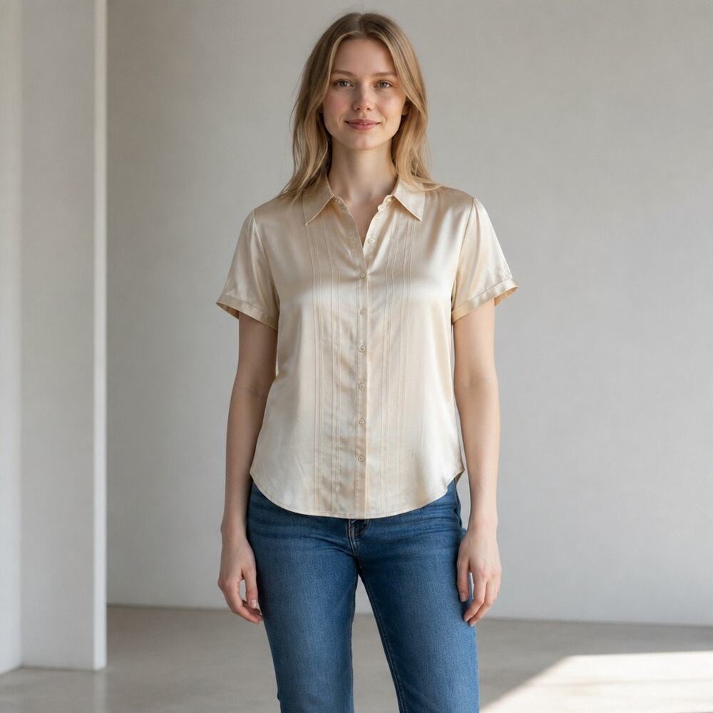 Semantiks Silk Blend Button Front Blouse Women’s Large Ivory Short Sleeve